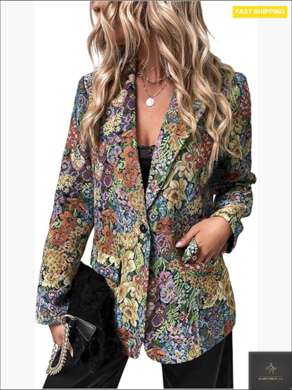 Graphic Print Blazer Long Sleeve Padded Shoulder Notch Collar Button Front Work